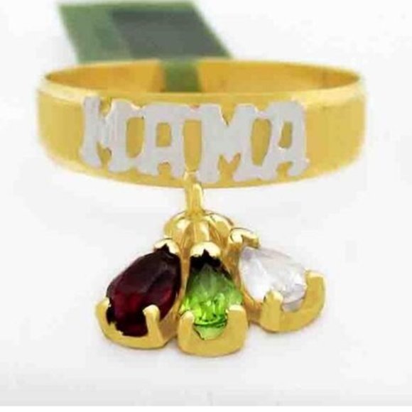 Genuine Garnet, Peridot & W/Sapphire Mama Name Ring 14K Yellow Gold